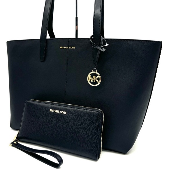 Michael Kors Medium Jet Set Travel Zip Tote Bag & Continental Wallet Black/Gold - Picture 1 of 13